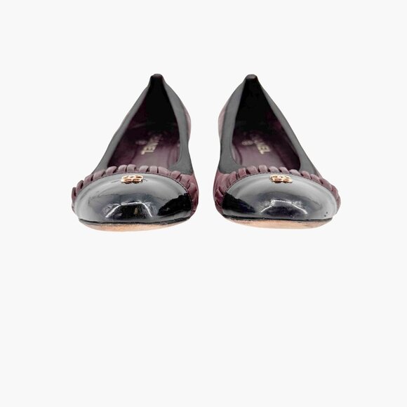 Chanel CC Ruffle Cap Toe Ballet Flats EU 37 US 6-6.5 Brown Burgundy Leather - Picture 6 of 15